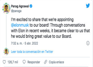 El CEO de Twitter anunció la incorporación de Elon Musk. 