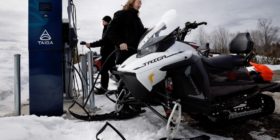 FILE — Battery-powered snowmobiles produced by Taiga Motors at a charging port in Saint-Paulin, Quebec, Canada, on March 29, 2022. While electric cars get most of the attention, electric lawn mowers, boats, bicycles, scooters and all-terrain vehicles are proliferating. (Nasuna Stuart-Ulin/The New York Times)